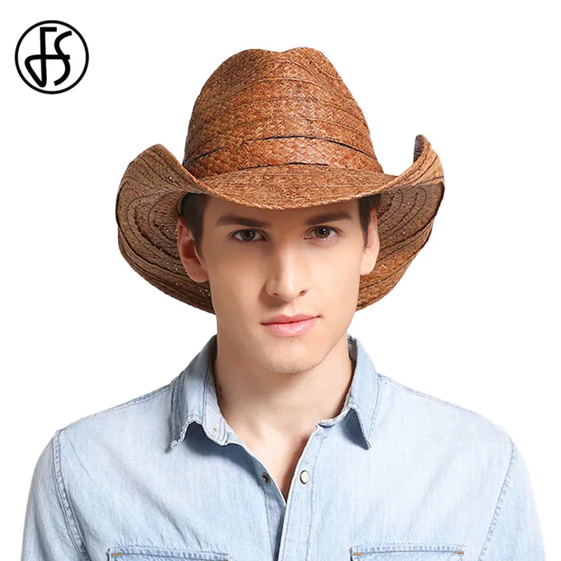 

FS Western Cowboy Hat For Men Summer Spring Wide Brim Jazz Cap Vintage Straw Caps Dad Gentleman Outdoor Sun Visor Cap