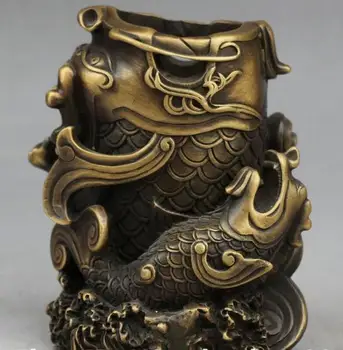 

China Pure Bronze Dragon Dragons Fish Fishes pen container brush pot pencil vase