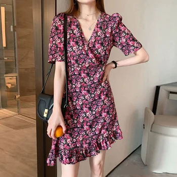 

COIGARSAM 4XL Plus Size French Style Print Women dress Spring Vintage High Waist Dresses Orange Purple 6081