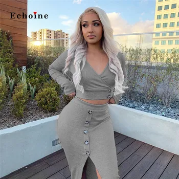 

Echoine Women Two Piece Set Casual Knit Tops Long Sleeve V-Neck Button High Street Suit Overlap Split Front Skirt Female Outfits