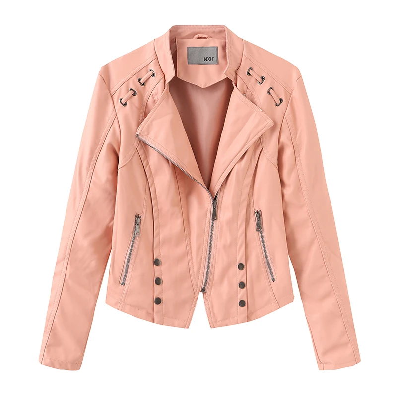 Розовый Autumn Winter Women Slim Cool PU Faux Soft Leather Jackets Ladies Basic Zipper Outwear Coat Biker Streetwear Plus Size - Цвет: Розовый