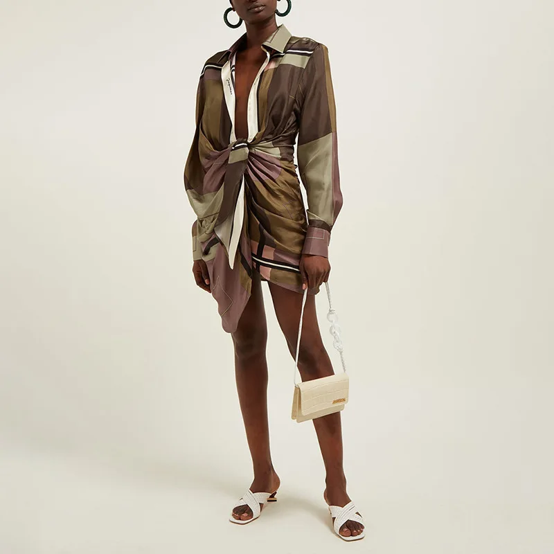 

TVVOVVIN Printing Derss Woman 2019 Early Autumn Geometry Color Block Personality Wrinkle Deep V Shirt Dresses L239