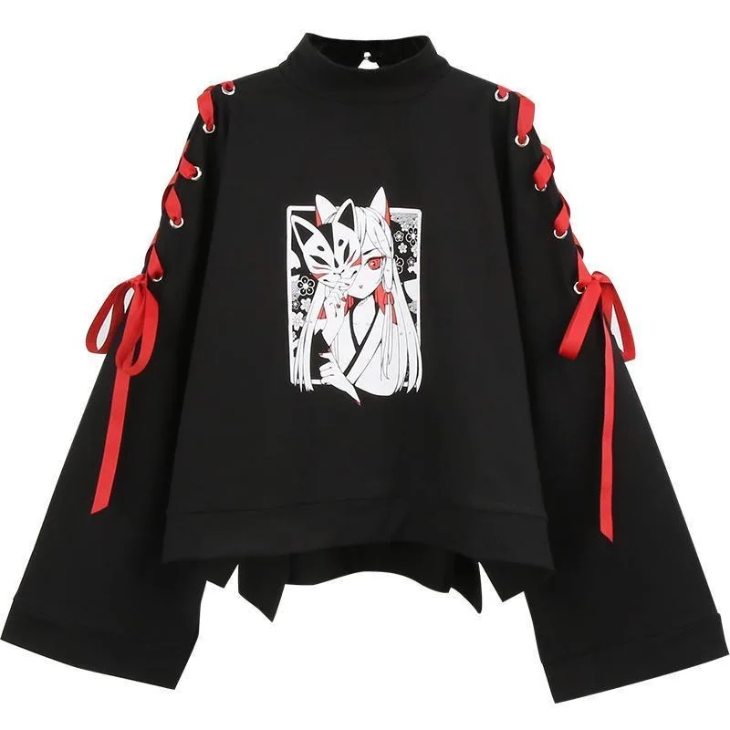 

Summer Women Clothing Kimono Japanese Anime Fox Printed Cross Ribbon Lolita Girls' T Shirt Harajuku Spring Black Top Skirt