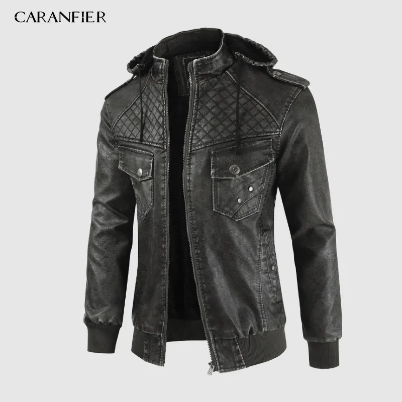 CARANFIER мужские Куртки из искусственной кожи ветровка мотоциклетная искусственная кожа пальто мужские шерстяные льняные Качественные куртки с капюшоном новое поступление