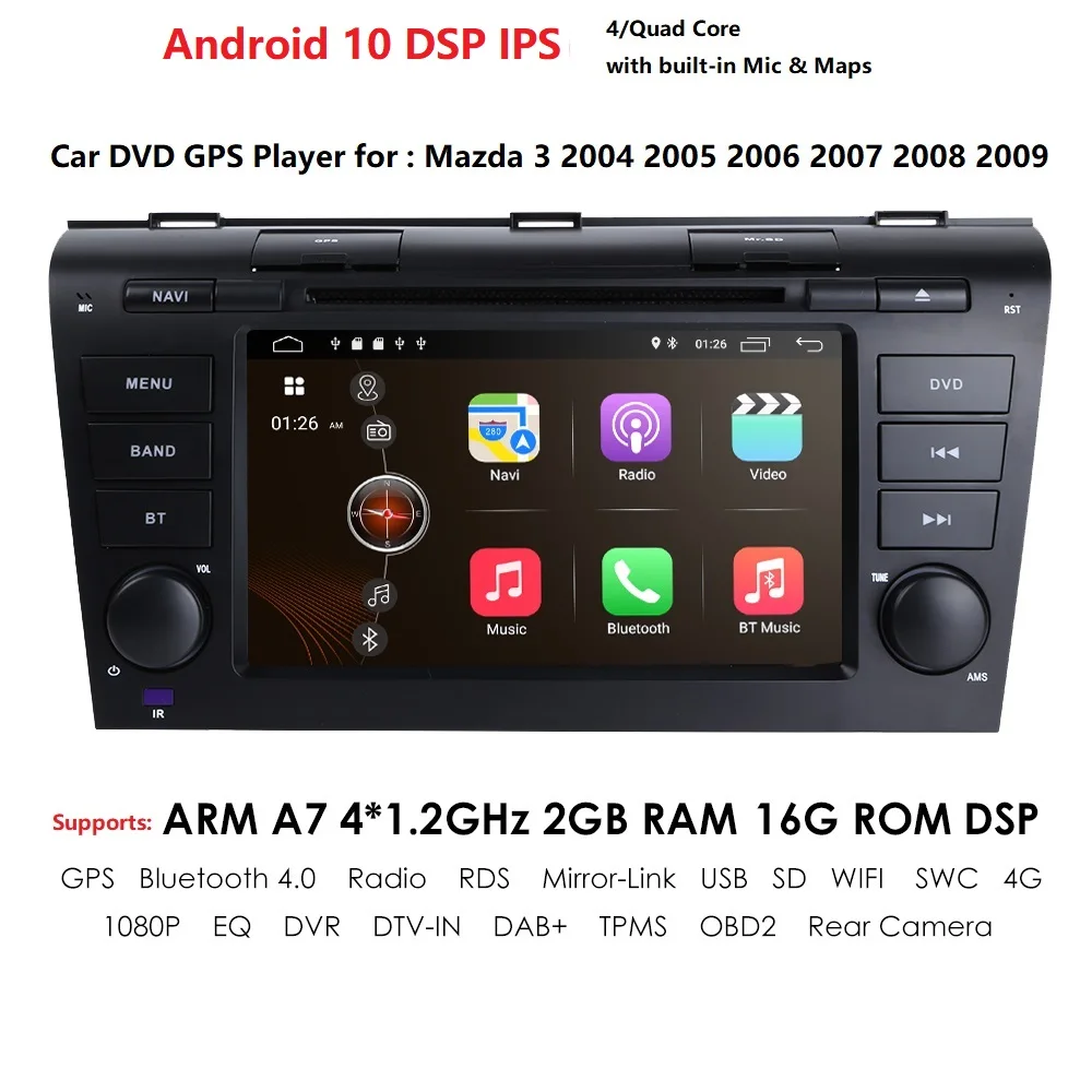 

7" Android 10 Car Stereo DVD GPS Navigation For Mazda 3 2004-2009 Car Multimedia Player Mirror Link SWC RDS DVR OBD2 TPMS DAB BT