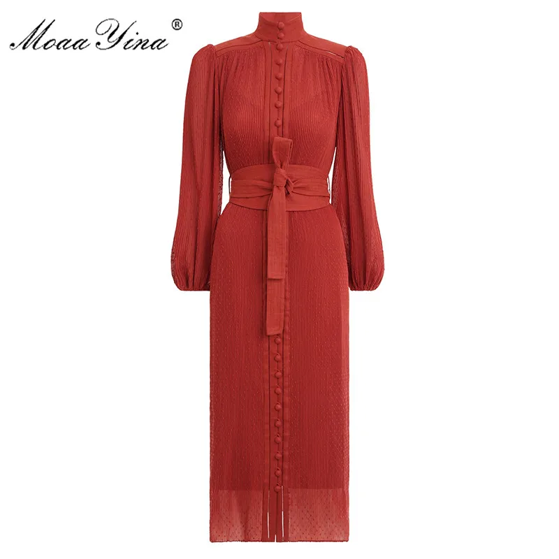 Moaayina Fashion Designer Jurk Voorjaar Vrouwen Jurk Stand Kraag Lantaarn Mouw Single-Breasted Vintage Elegant Runway Jurken Moaayina Fashion Designer Jurk Voorjaar Vrouwen Jurk Stand Kraag Lantaarn Mouw Single-Breasted Vintage Elegant Runway Jurken