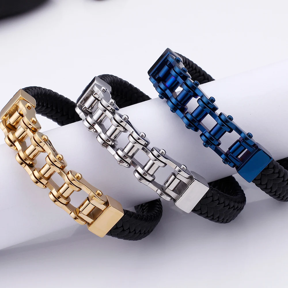 13MM Mens Biker Motorcycle Chain Bracelet Men Braided Genuine Leather