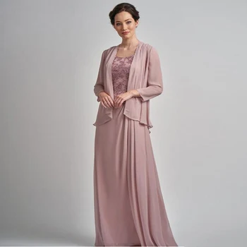 

2020 New Full Length Dusty Rose Lace Mother of the Bride Dresses with Coat O Neck Mother of Groom Gowns A Line