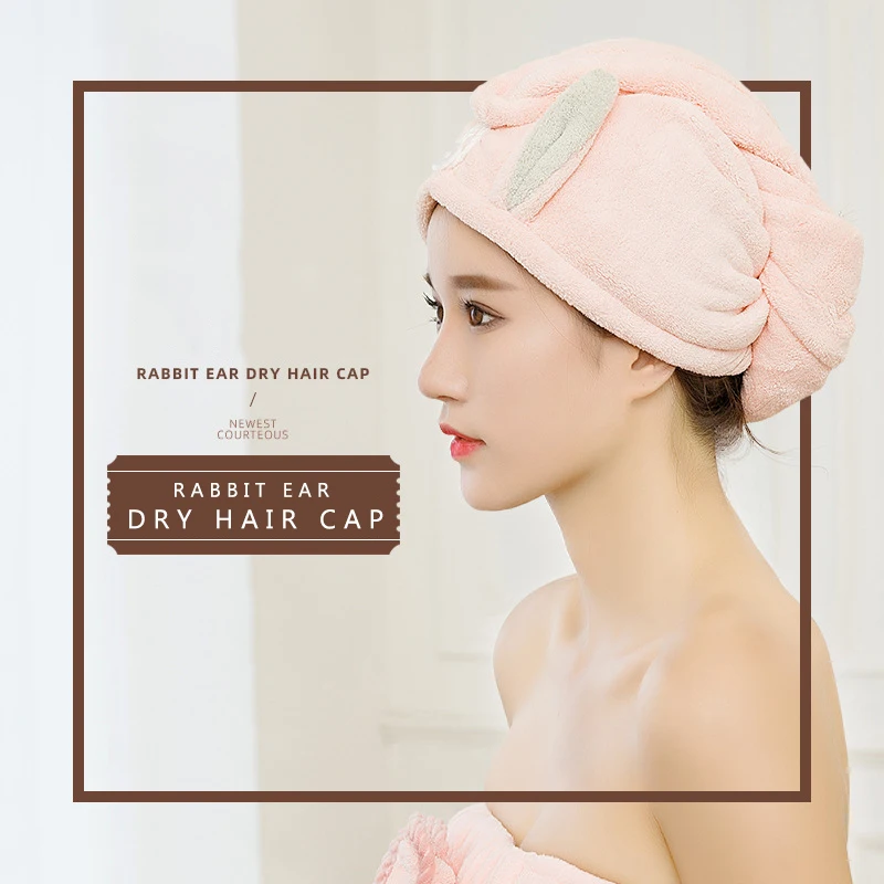 

Microfiber Soft Rapid Drying Hair Towel Wrap, Cute Rabbit Image, Wrapped Quick-Drying Towel, Button Shower Cap