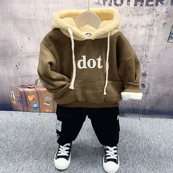 

2PCS WLG boys winter clothing set baby velvet thick letter hoodie and pant set kids warm casual clothes 2-6 years