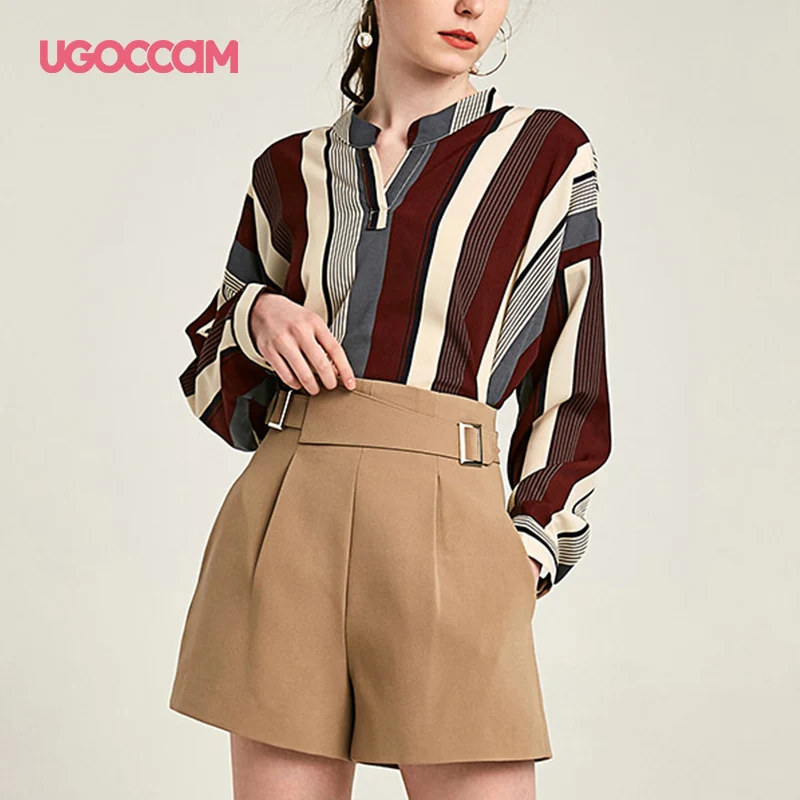 UGOCCAM рубашка в полоску, blusas roupas feminina, Офисная Женская одежда с v-образным вырезом и длинным рукавом, осенняя рабочая одежда, повседневные женские топы, блузки