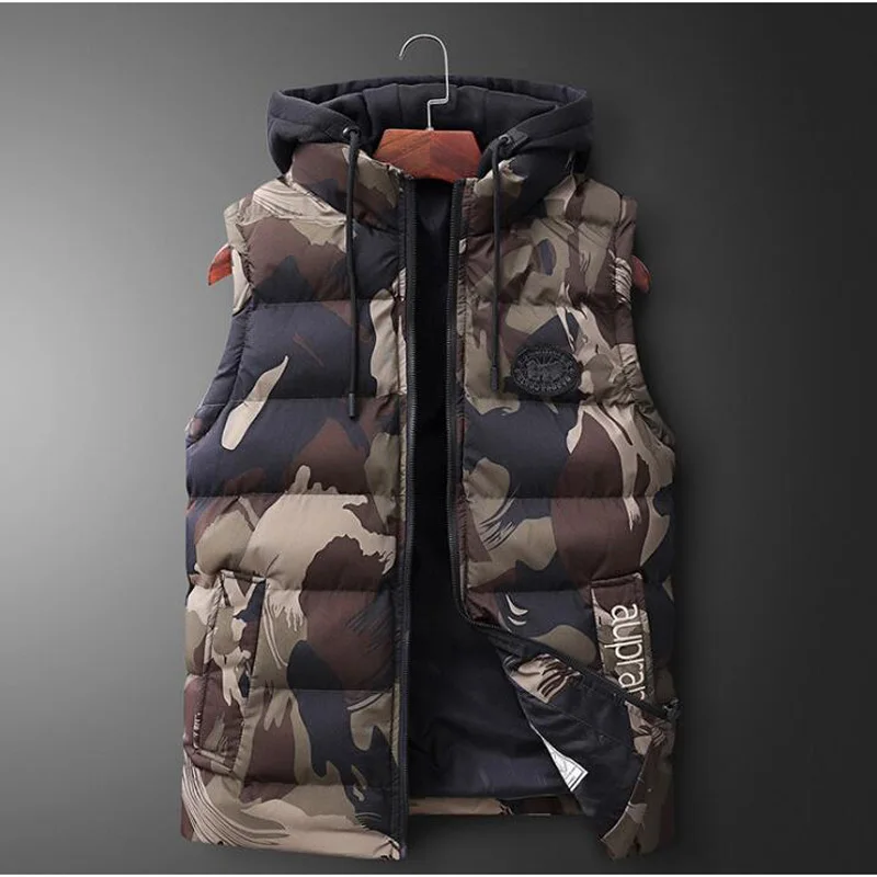 khaki Camouflage Модная куртка без рукавов Мужская Утепленная камуфляжная хлопковая жилетка шляпа с капюшоном Теплый жилет зимний жилет Мужская Повседневная ветровка - Цвет: khaki Camouflage