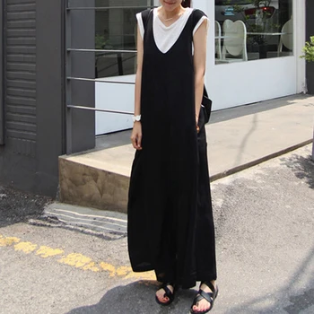 

Women's summer wide leg pants new cotton black loose long casual suspender korean japanese simple style jumpsuit overall romper