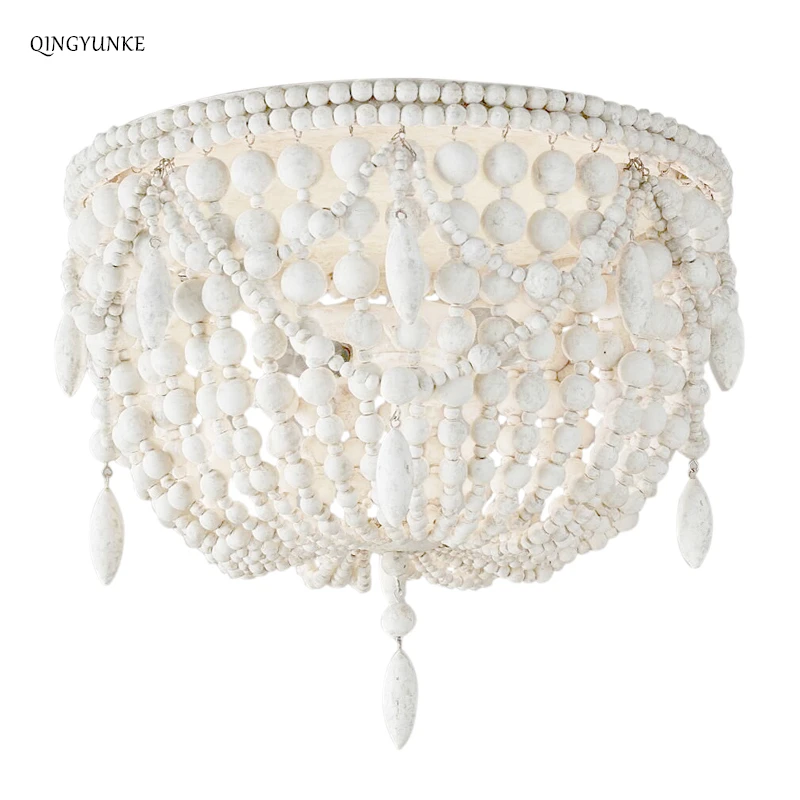 

French style Retro white wood Bead Chandelier for living room bedroom children's room princess Decorative indoor lighting