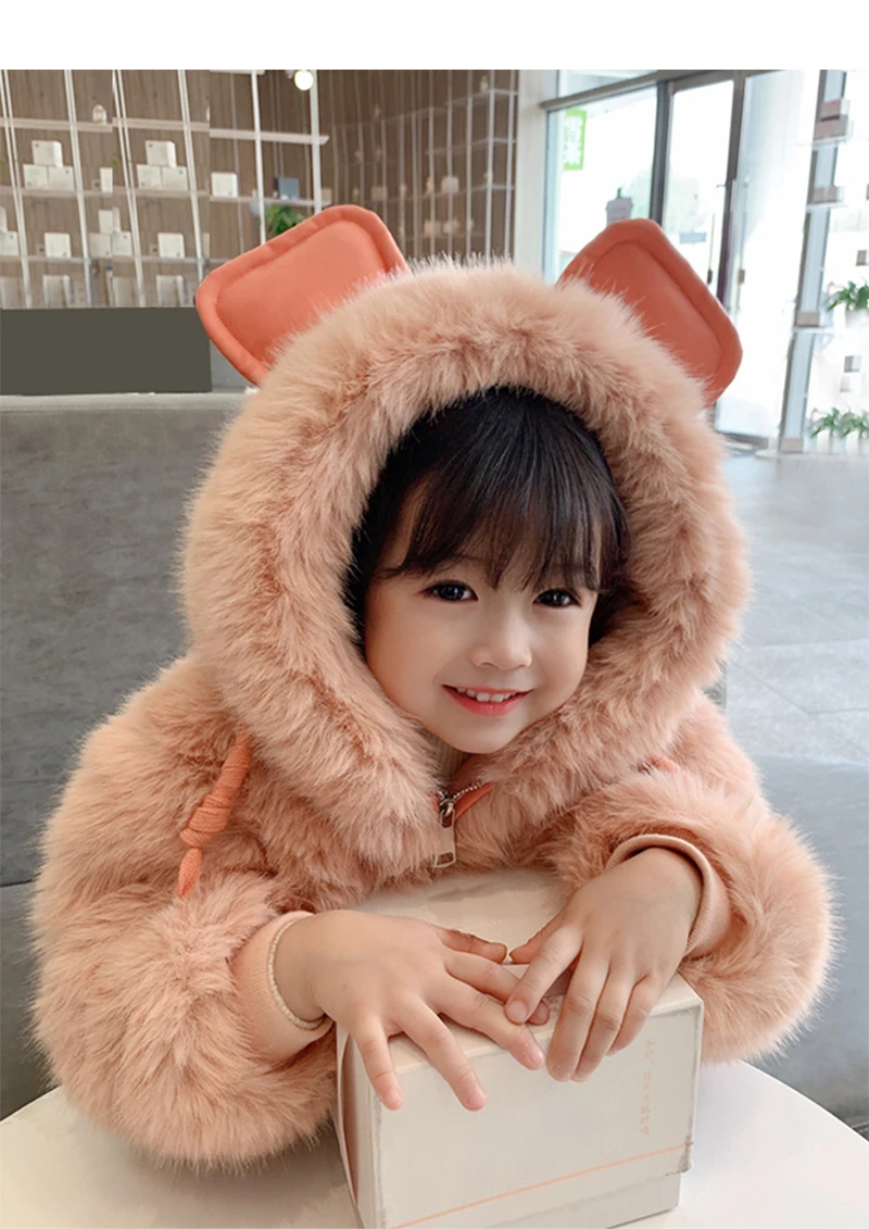 Nette Große Ohren Plüsch Baby Jacke Herbst Winter Warme Faux Pelz Mäntel Für Mädchen Mit Kapuze Schnee Mantel Weiche Kinder Outwear Kleidung – Detail 12