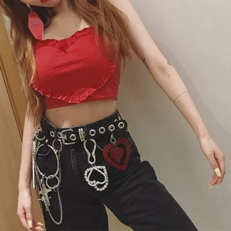 

Red Love Stitching Ruffles Women Sleeveless Short Tops Summer Camis Camisole Love Stitching Solid Color Nightclub Tops