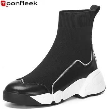 

MoonMeek 2020 new ankle boots for women round toe stretch+cow leather boots casual flat platform ladies autumn winter boots
