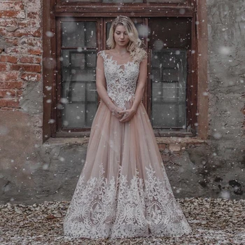 

Scoop Neckline Dark Champagne Sleeveless A-line Lace Applique Wedding Dress Open Back Sweep Train Bridal Gowns