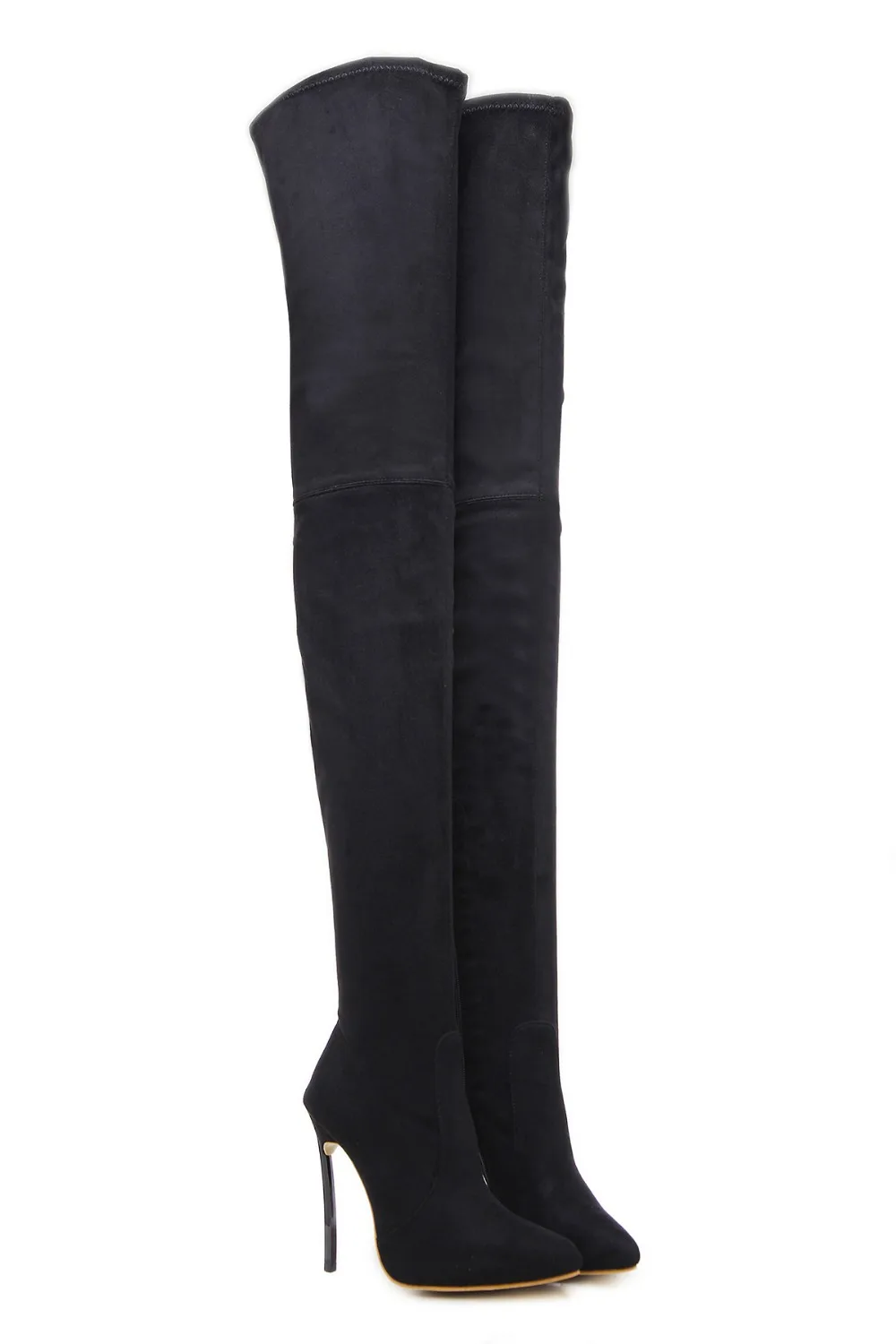 Woman Winter Long Boots Suede Tan Over The Knee Zipper Stretch Pointed Toe Thigh High Heels Boots Sexy Female Botines Motorcycle