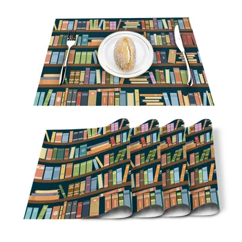

Bookshelf Library Book Placemat Washable Cotton Linen Table Cloth Pad Mat Rectangle Placemats Heat Resistant