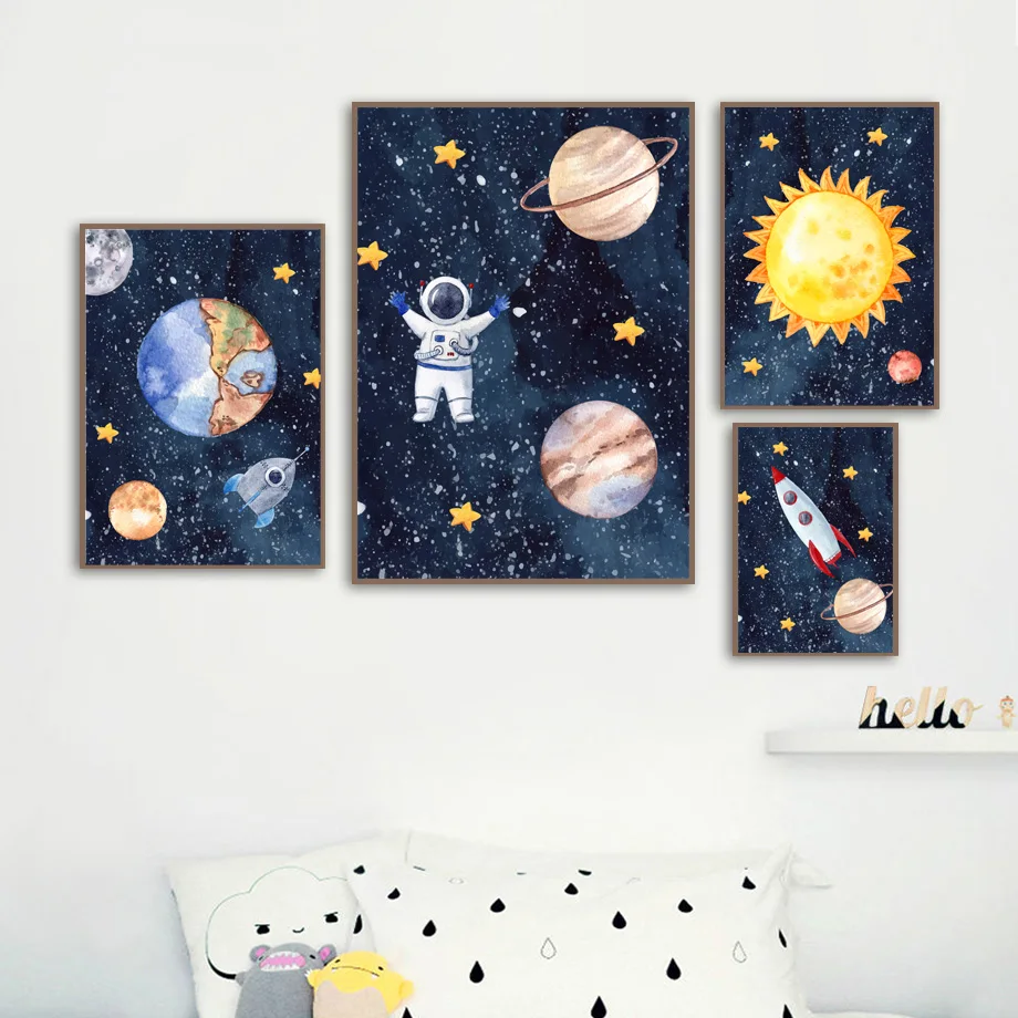 Kartun Astronot Matahari Bumi Bulan Bintang Roket Dinding Seni Lukisan Kanvas Nordic Poster Dan Cetakan Dinding Gambar Dekorasi Kamar Anak Painting Calligraphy Aliexpress
