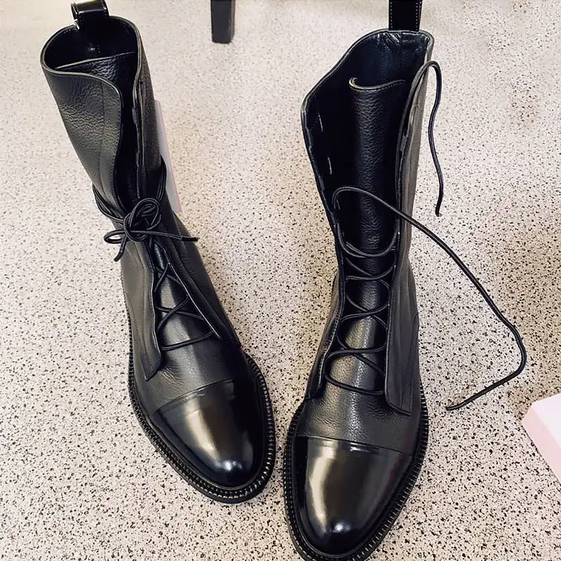 Lace-up black motorcycle bottes femme flats pointed toe martin boots mid-calf cool girls botas mujer slim fashion knight booties