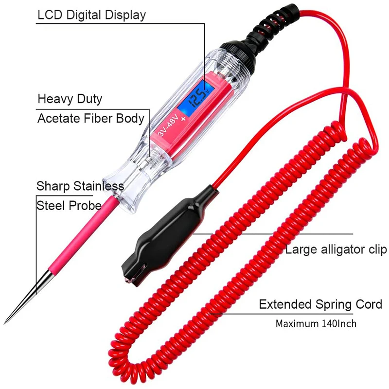 3 48V Backlit Digital LCD Circuit Tester With 140 Inch Extended Stainless Probe Car Low Voltage Light Tester
