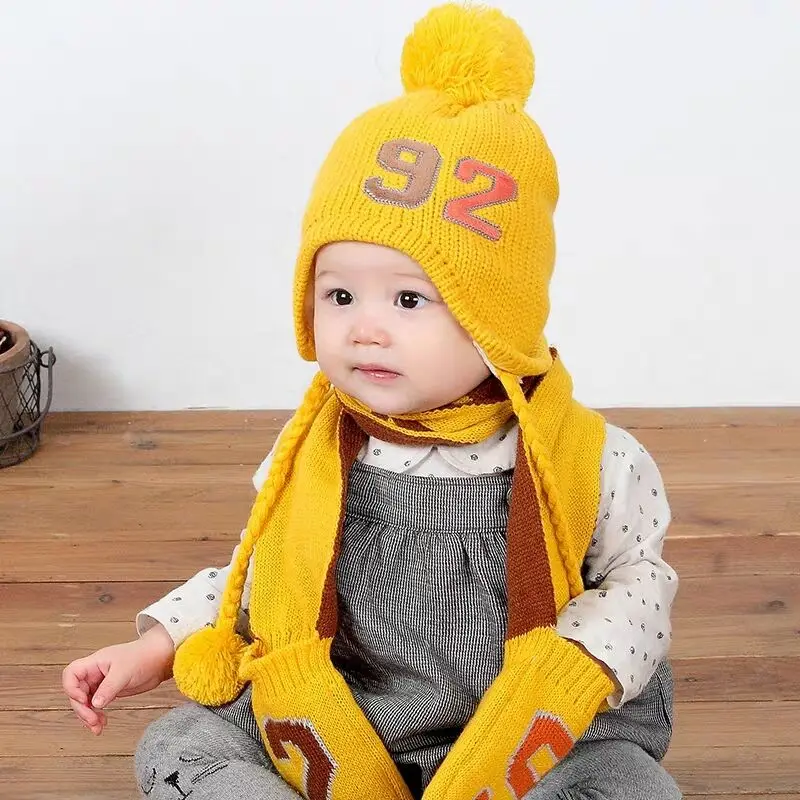Детская шапочка в Корейском стиле, вязаная шапка, шарф, перчатки для мальчиков и девочек, осенне-зимняя теплая шапка, шарф, комплект