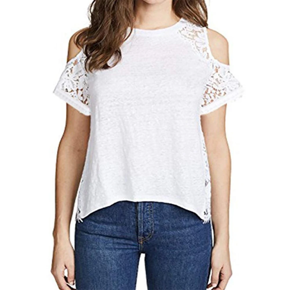 Lace Pullover Office Solid Top Fashion Women Blouse Crew Neck Patchwork Casual Cold Shoulder Sexy Loose Elegant