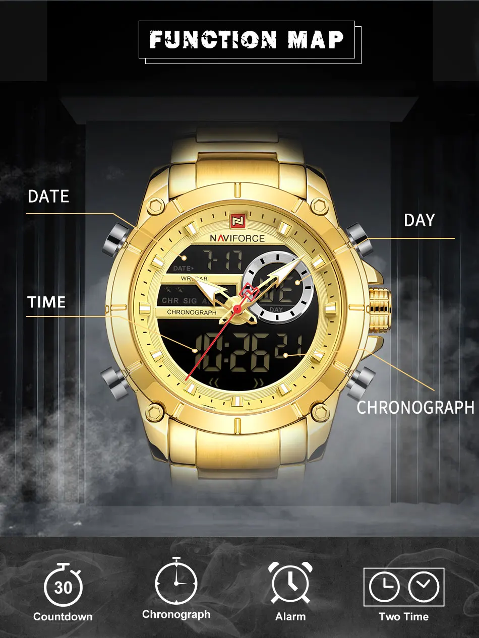 Новинка NAVIFORCE мужские военные модные часы золотые кварцевые наручные часы сталь Водонепроницаемый двойной дисплей мужские часы Relogio Masculino