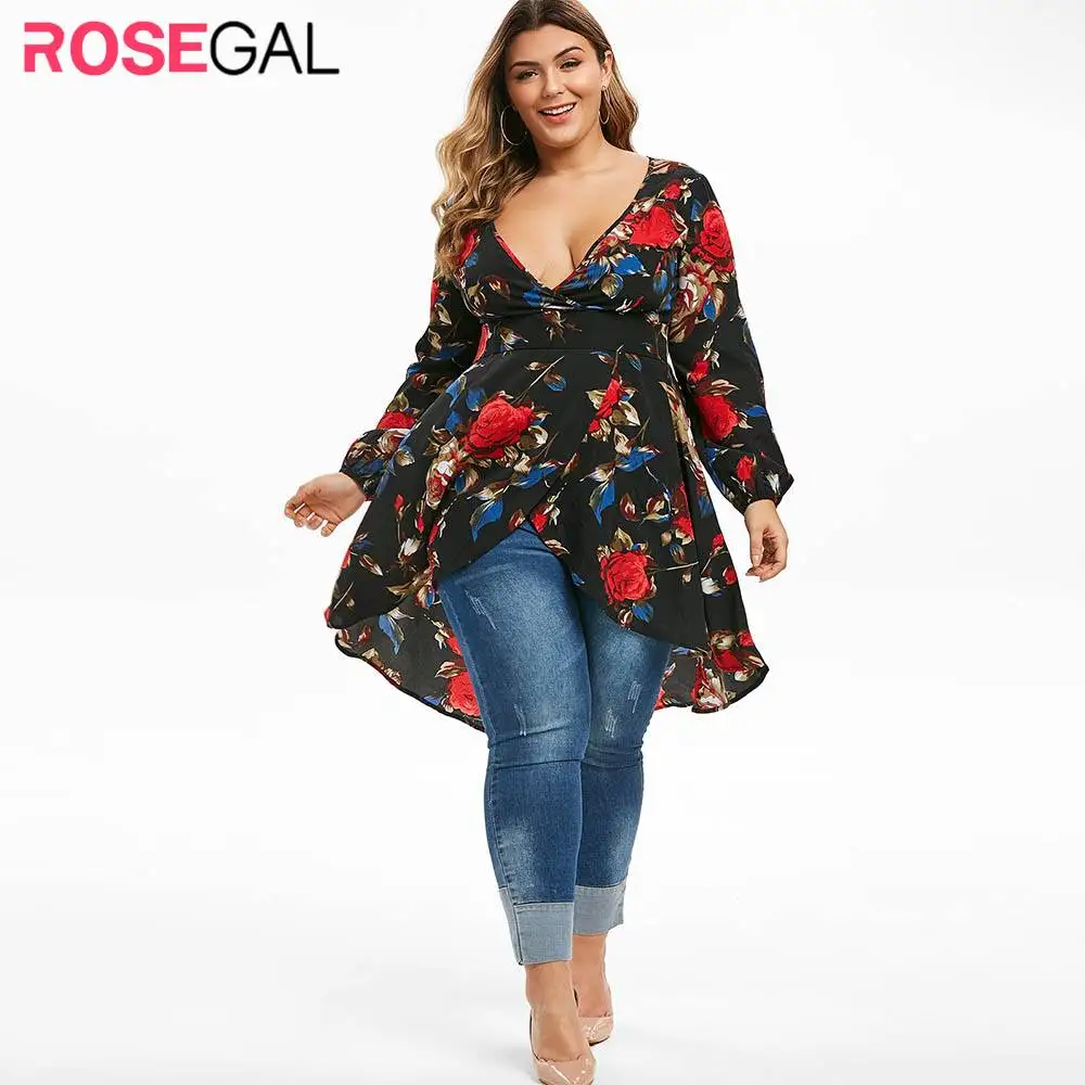 ROSEGAL 5X топ с цветочным принтом асимметричная блуза длинным рукавом и глубоким