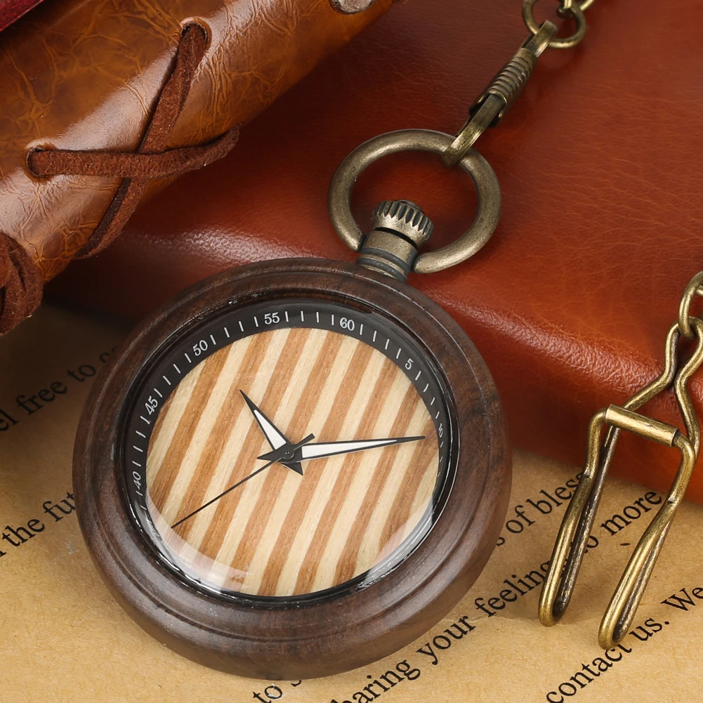 Классические деревянные кварцевые карманные часы с лаконичным циферблатом из бронзового сплава с подвеской и цепочкой для мужчин и женщин