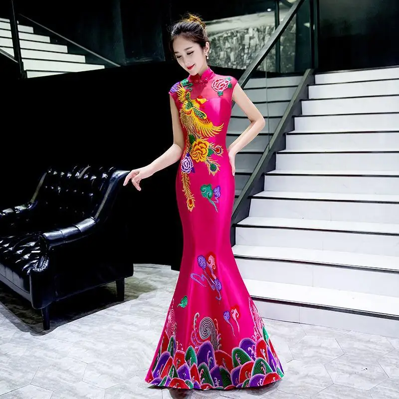 Традиционный китайский стиль Del Ricamo Phoenix Qipao мандариновая коллекция без рукавов Cheongsam сексуальное платье с открытой спиной - Цвет: Rosand Red
