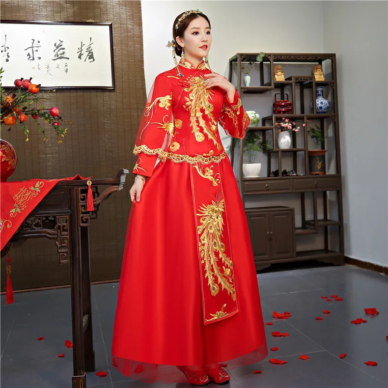 Китайский стиль свадебное платье вышивка Cheongsam элегантный тост костюмы за рубежом традиционные невесты Qipao платья для женщин