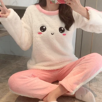 

2020 Hot Winter Coral Velvet Pajamas Women Pajama Sets Thick Home Cute Sleepwear Korean Hello Kitty Pyjama Rabbit Two Piece Set
