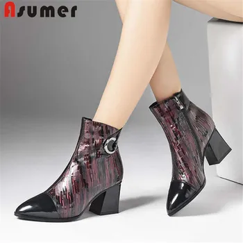 

ASUMER 2020 new genuine leather boots zip pointed toe ankle boots women square high heels ladies autumn winter boots big size