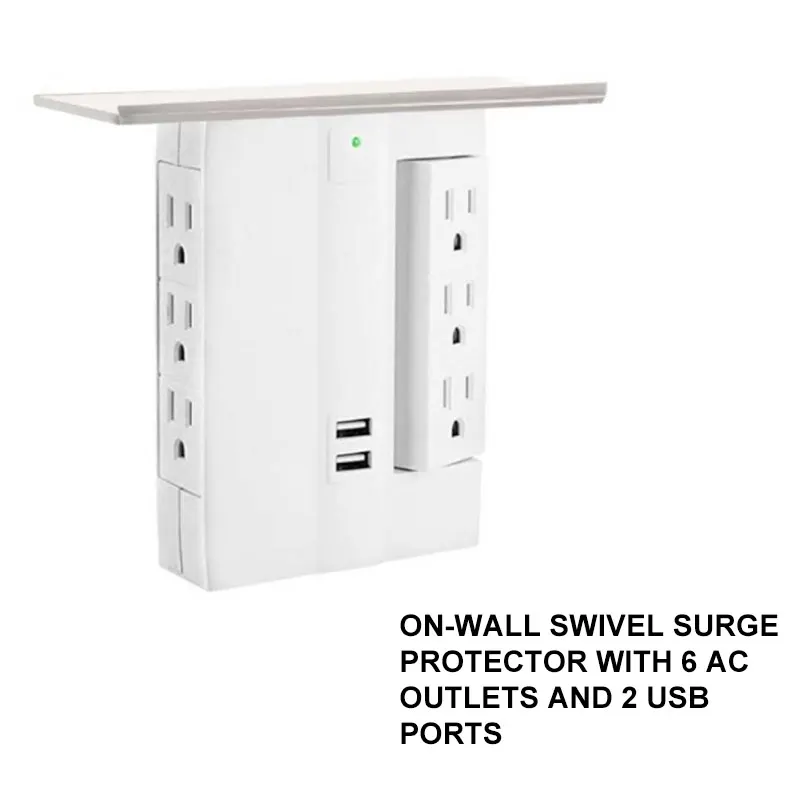 8 Port Wall Outlet Electrical 6 Outlet Extenders 2 USB Charging Ports with Shelf MU