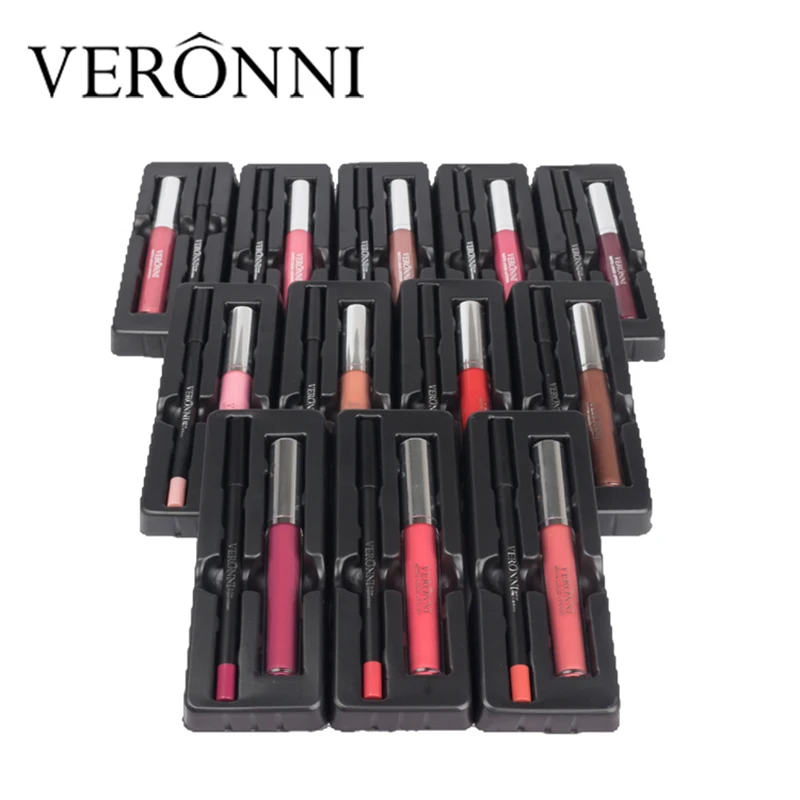 VERONNI Matte Lipgloss Sexy Liquid Lip Gloss with Lipliner Long Lasting Waterproof Cosmetic Beauty Keep 24 Hours Makeup lipgloss