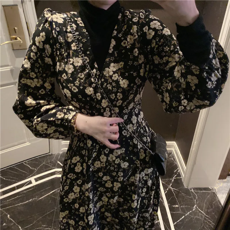 Осенне-весеннее винтажное шифоновое платье с цветочным рисунком, Boho, элегантные женские вечерние платья с длинным рукавом, Vestidos