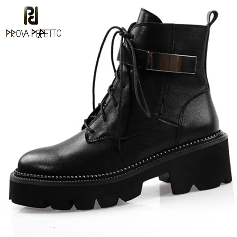 Online Prova Perfetto 2019 botas de cuero genuino zapatos de mujer moto botines de mujer plataforma Otoño Invierno Botas de lluvia