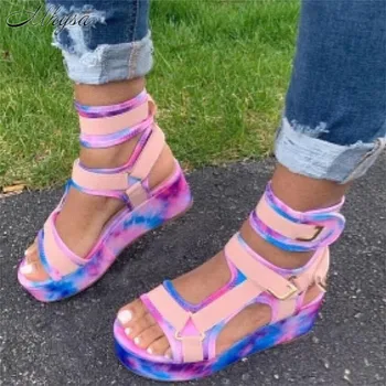 

2020 Design Ladies Gladiator Women Sandals Colorful Summer Sandals Women Platform Hook&loop Wedges Shoes Woman Plus Size 36-43