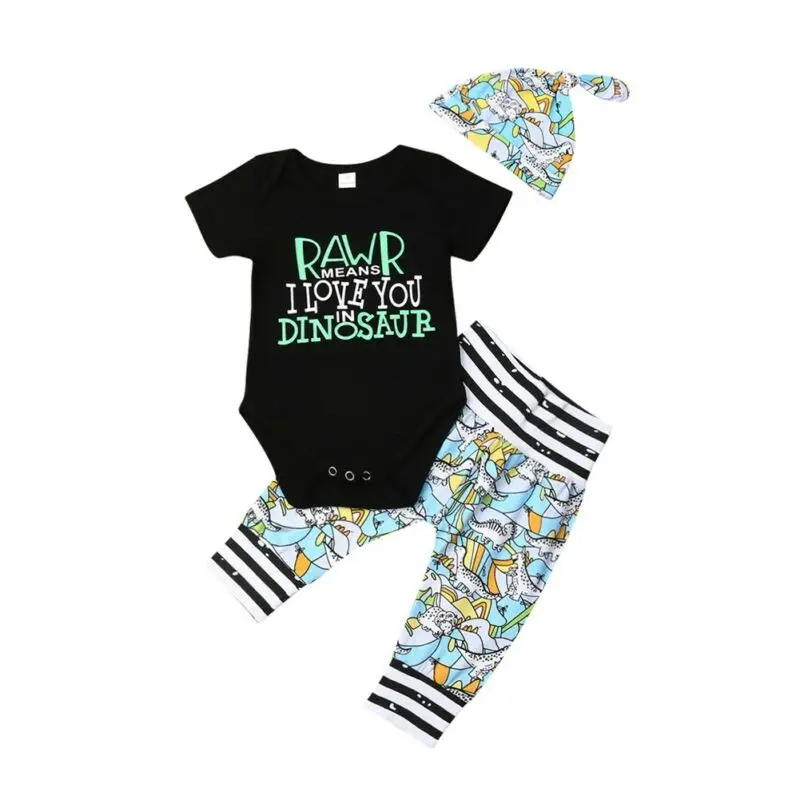 

3Pcs Infant Baby Toddler Newborn Baby Boy Girl Unisex Outfit Set Romper Tops Dinosaur Long Pant Hat Casual Cute Fashion 0-18M