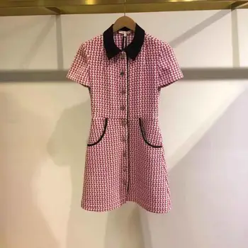 

Women's Plaid Tweed Short Sleeve Mini Dress Contrast Color Turn-down Collar Pockets Short Dresses with Buttons 2020 Spring New