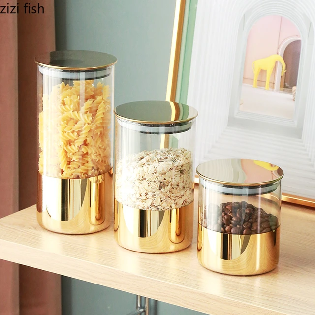 Yaldızlı cam kavanozlar dekoratif şeker Pot mühürlü depolama kavanoz  kapaklı baharat tahıl tencere yüksek kapasiteli mutfak