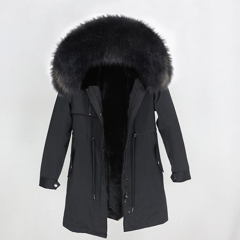 black dark grey OFTBUY Для женщин Длинная парка натуральный мех пальто зимняя куртка Для женщин из натурального меха енота, меховой капюшон, воротник толстые теплые Изящная верхняя одежда Новинка - Цвет: black dark grey
