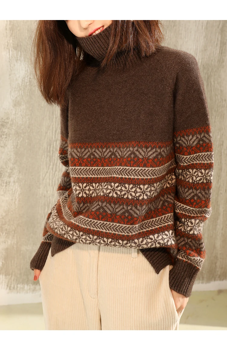 Зимний жаккардовый кашемировый свитер в стиле ретро, женский свитер с высоким воротом, свитер в полоску, свободный свитер, джемпер