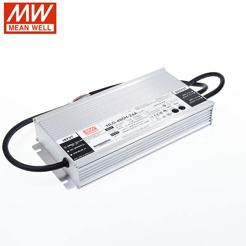 MEAN WELL Светодиодный источник питания HLG-480H-24A 24 В регулируемый светодиодный драйвер 110 В/220 В переменного тока до 24 В постоянного тока 20A 480 Вт Водонепроницаемый IP65 трансформатор