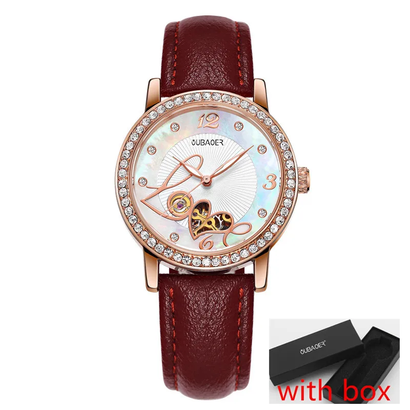 Relogio feminino, OUBAOER, автоматические механические часы для женщин, модные, стразы, полый дизайн, часы с кожаным ремешком, водонепроницаемые часы - Цвет: rose red 005B box