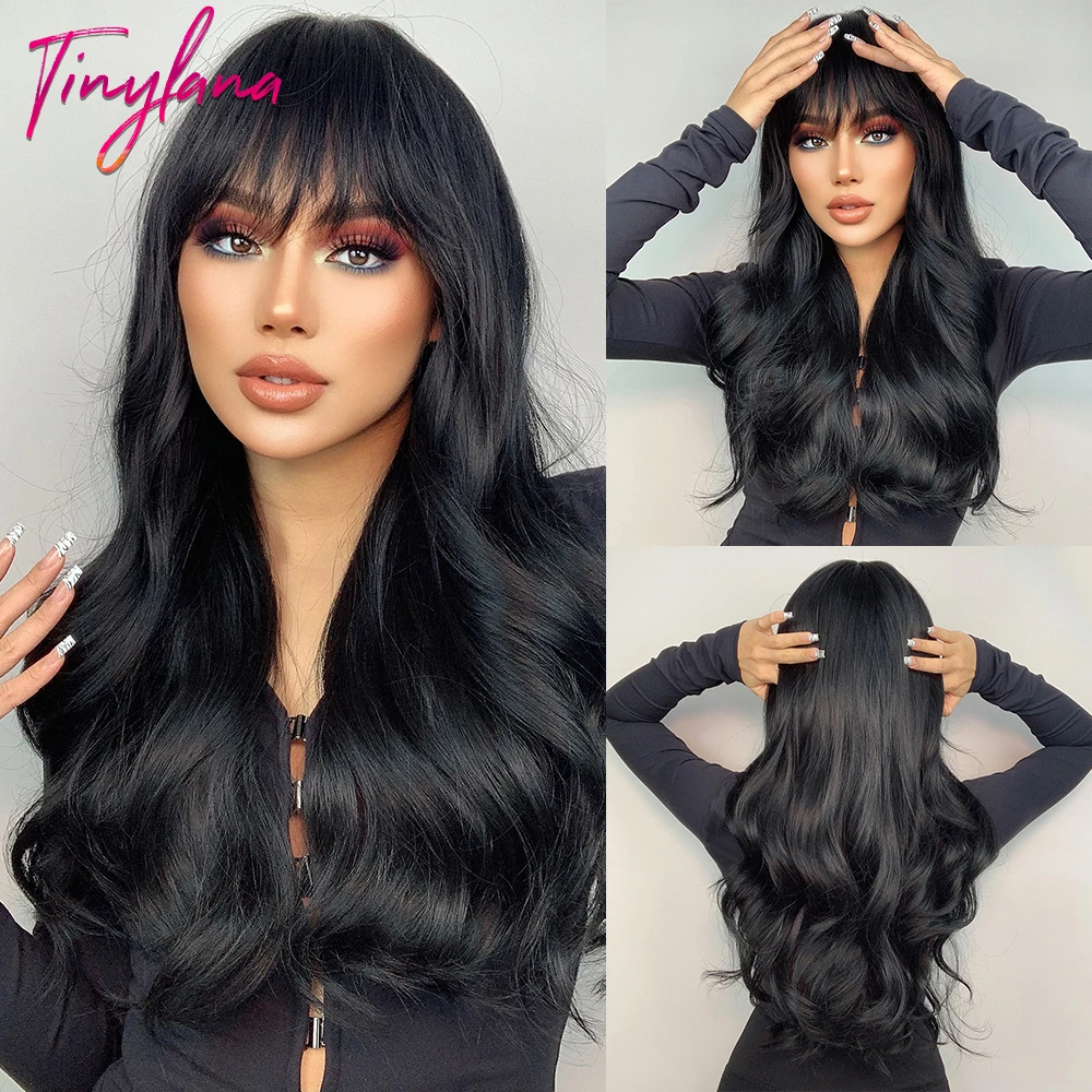 TINY LANA Natural Black Long Wavy Synthetic Wig with Bangs for Women Body Wave Dark Brown Wigs Cosplay Daily Hair Heat Resistant 1