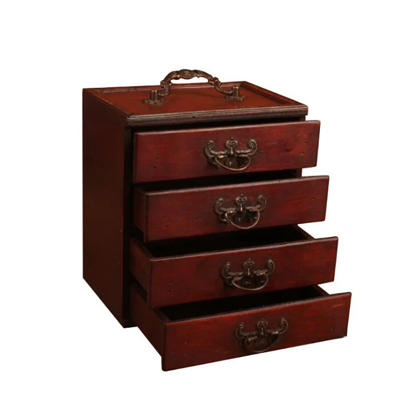 

4 Layers Antique Jewelry Storage Box with Handles Necklace Ring Storage Organizer Wooden Cabinet Display Case Vintage Gift